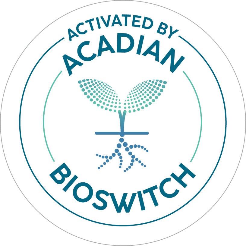 A round logo that says Activated by Acadian Bioswitch. The logo is a white circle with a green plant illustration in the middle.