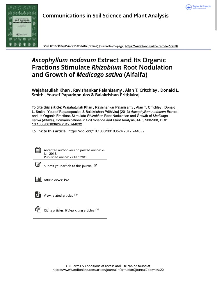 A screen grab of the first page of the academic publication for Ascophyllum Nodosum Extract And Its Organic Fractions 