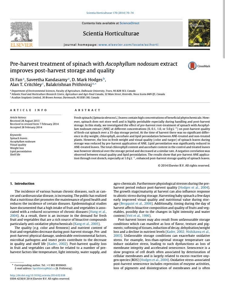 A screen grab of the first page of the academic publication on Pre-Harvest Treatment Of Spinach With Ascophyllum Nodosum Extract 