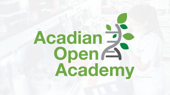 The Acadian Open Academy is in bold green letters with a DNA strand beside it. In the DNA strand, leaves are sprouting.