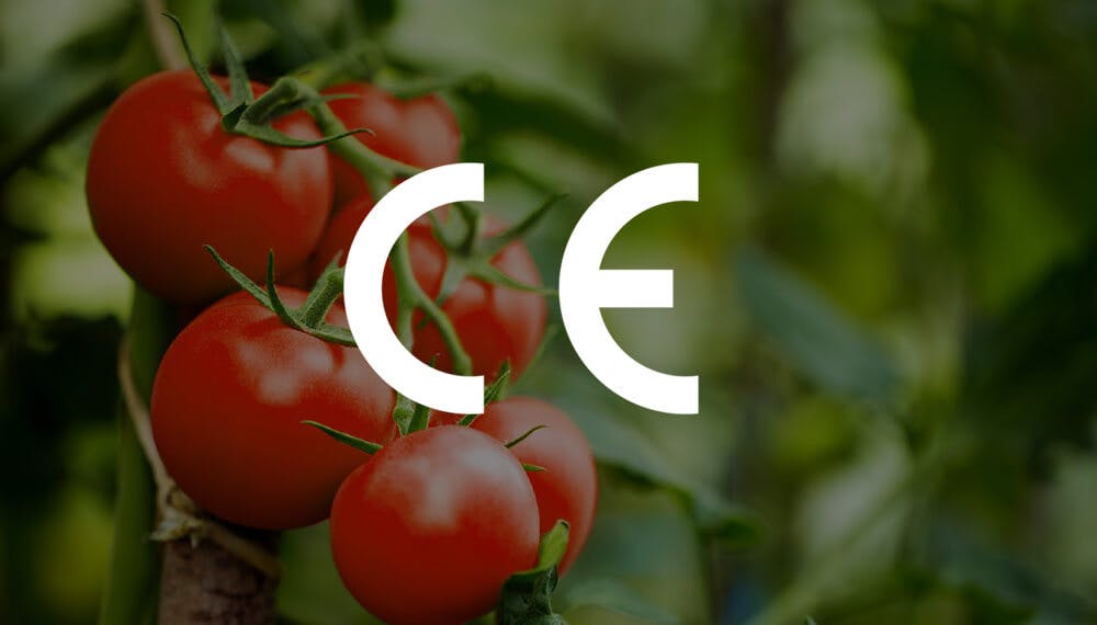 White CE letters are in the forefront over a photo of bright red tomatoes on a green vine of a tomato plant.