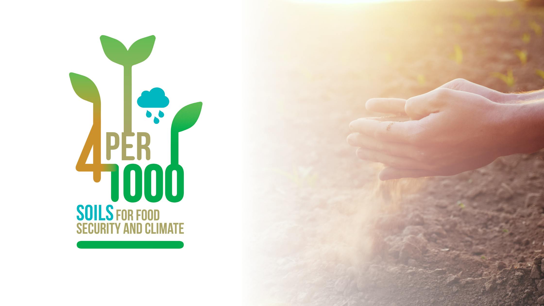4 Per 1000 initiative logo against a white background with an image of farmer's hands in soil
