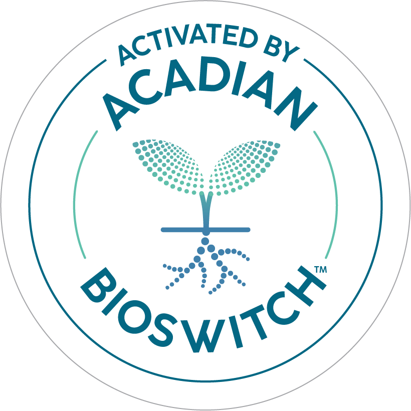 A white circular logo is shown with a small graphic plant in the middle. The words 'Activated by Acadian BioSwitch' are surrounding the plant.