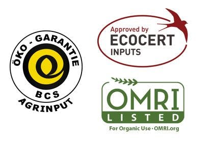 Kiwa BCS, OMRI and EcoCert logos