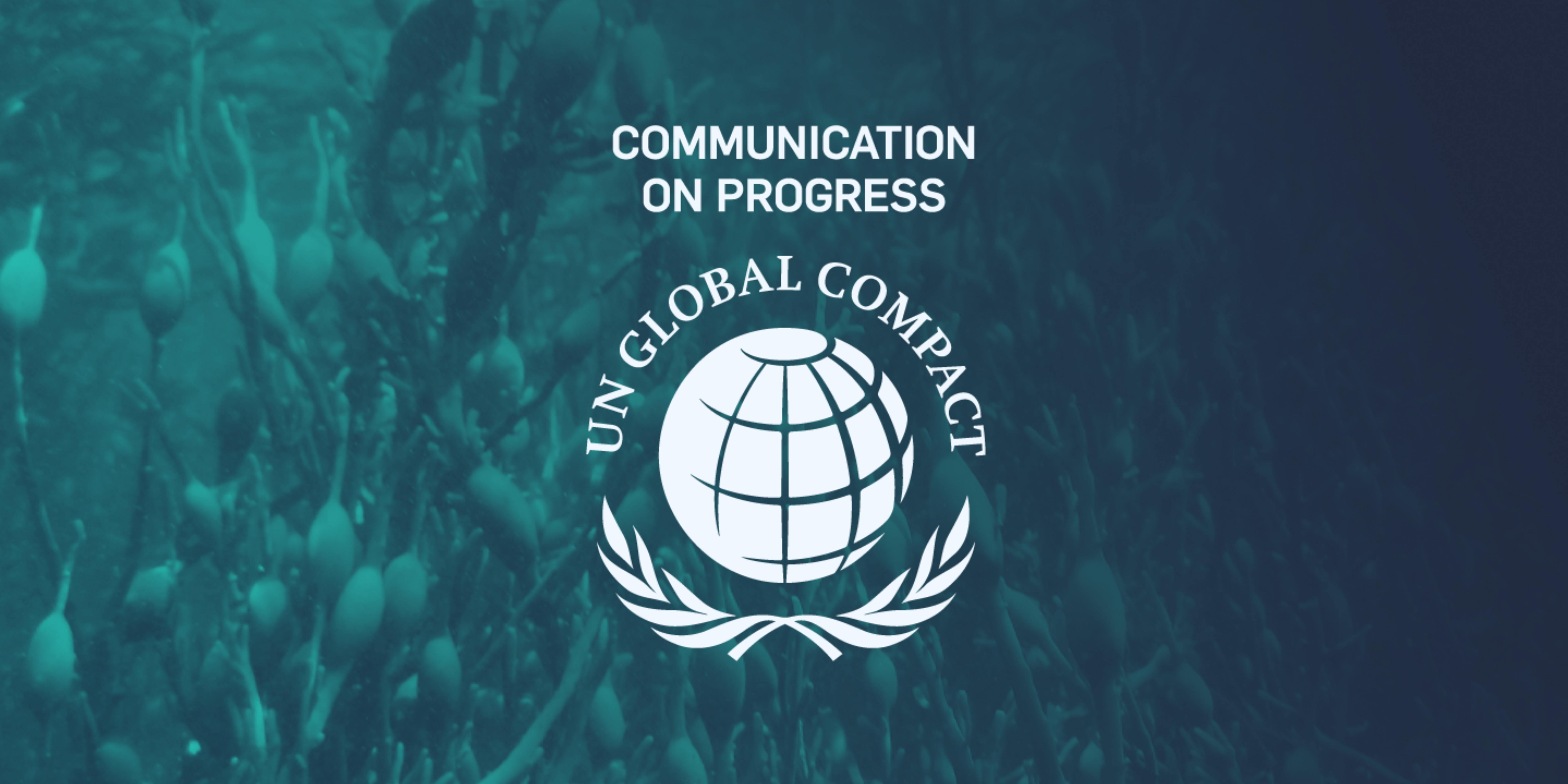 Seaweed in background with UN Global Compact Communication on Progress logo on top.