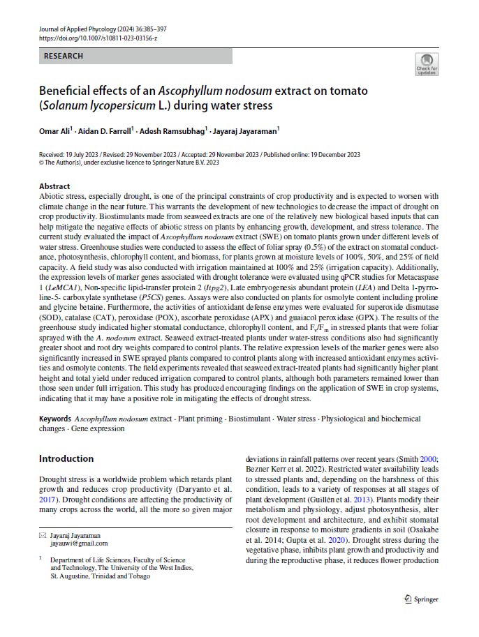 A screen grab of the abstract for this article on the effect of Ascophyllum Extract application on tomato yield during water stress.