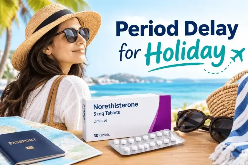 Norethisterone 5mg tablets packed for a holiday