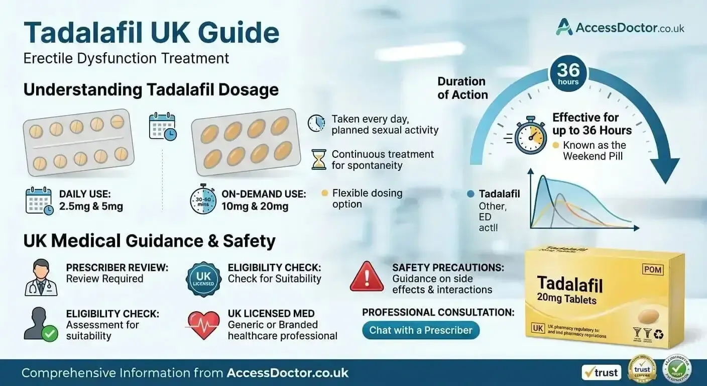 Infographic guide to Tadalafil dosage and usage in the UK, showing 10mg and 20mg on-demand doses and 5mg daily dosing