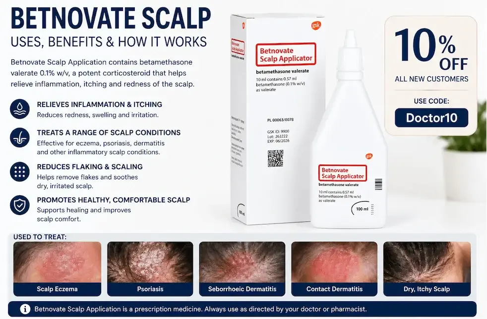 Betnovate Scalp Application bottle &mdash; betamethasone valerate 0.1% potent corticosteroid scalp solution for treating psoriasis, seborrhoeic dermatitis and eczema