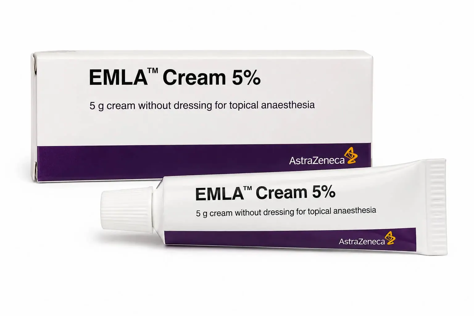 EMLA Cream 5% 5g tube and retail box on a clean white background