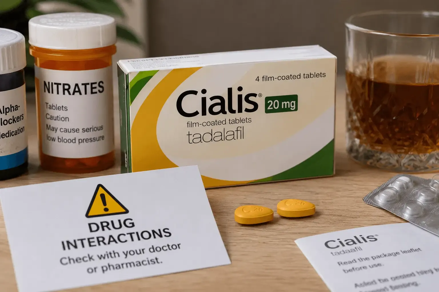 Cialis (tadalafil) tablet shown alongside its main contraindications and drug interactions, including nitrate medicines, poppers, alpha-blockers such as tamsulosin, alcohol and recreational stimulants