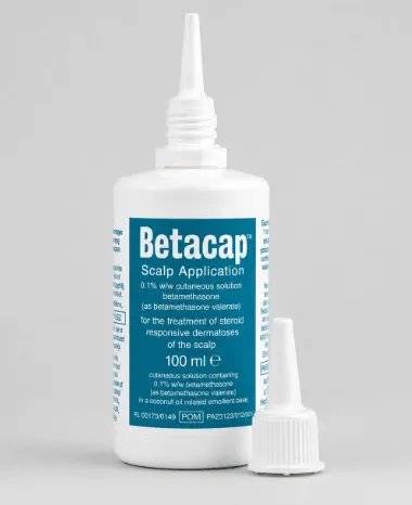 Betacap scalp application bottle with cap off &mdash; betamethasone valerate 0.1% prescription treatment for scalp psoriasis and dermatitis