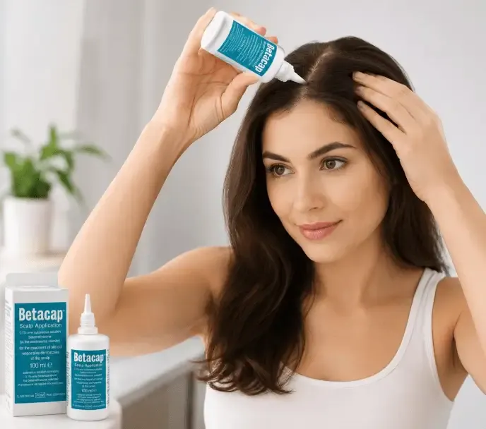 Woman applying Betacap scalp application to the affected area of her scalp