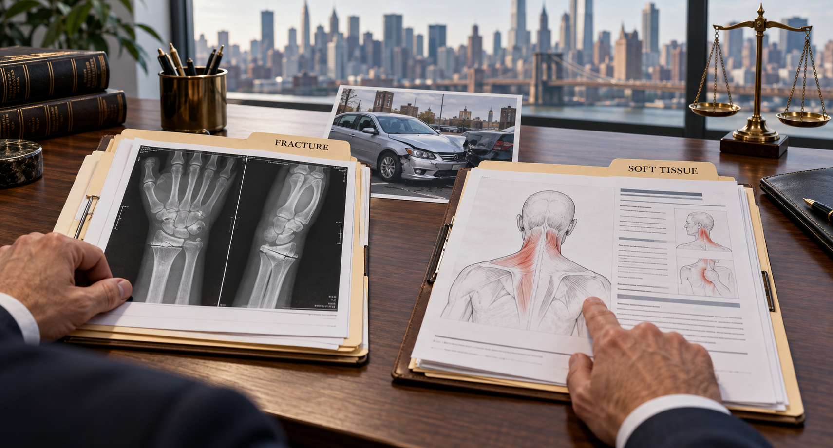 Fracture X-rays and soft tissue medical records reviewed beside a crash photograph in a New York law office.