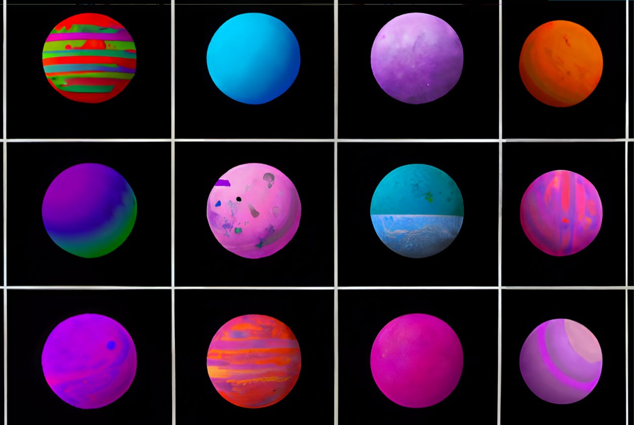 grid of colorful planets, all different, concept art