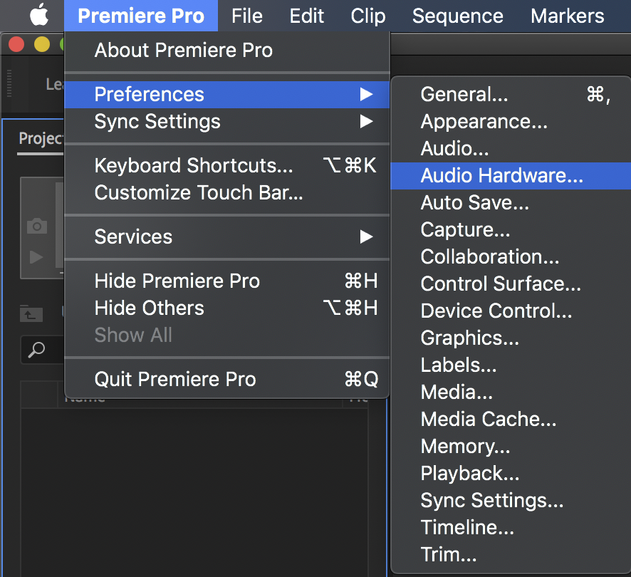 where is preferences in adobe premiere for mac