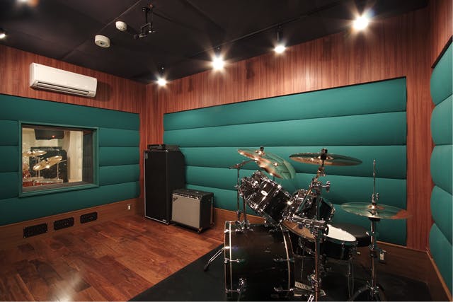 drum set up in a studio