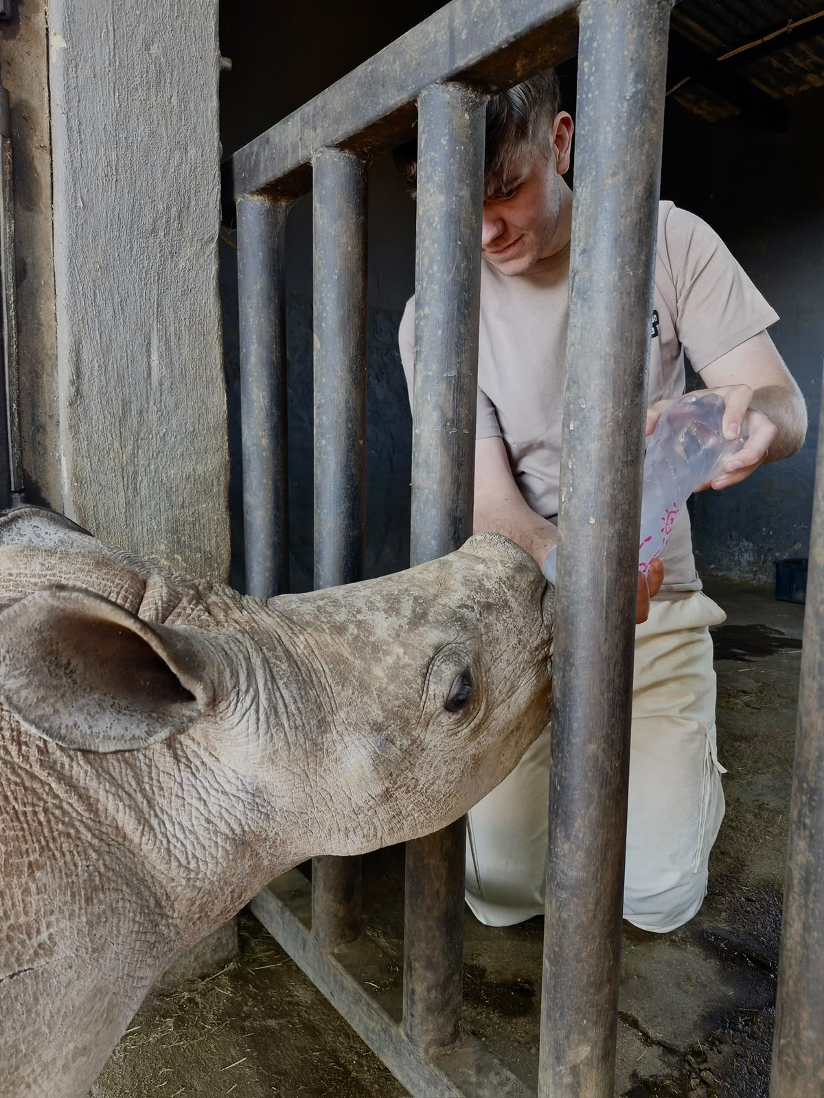 Casey Sims bottle feeding a baby rhino at Golola Rhino Orphanage