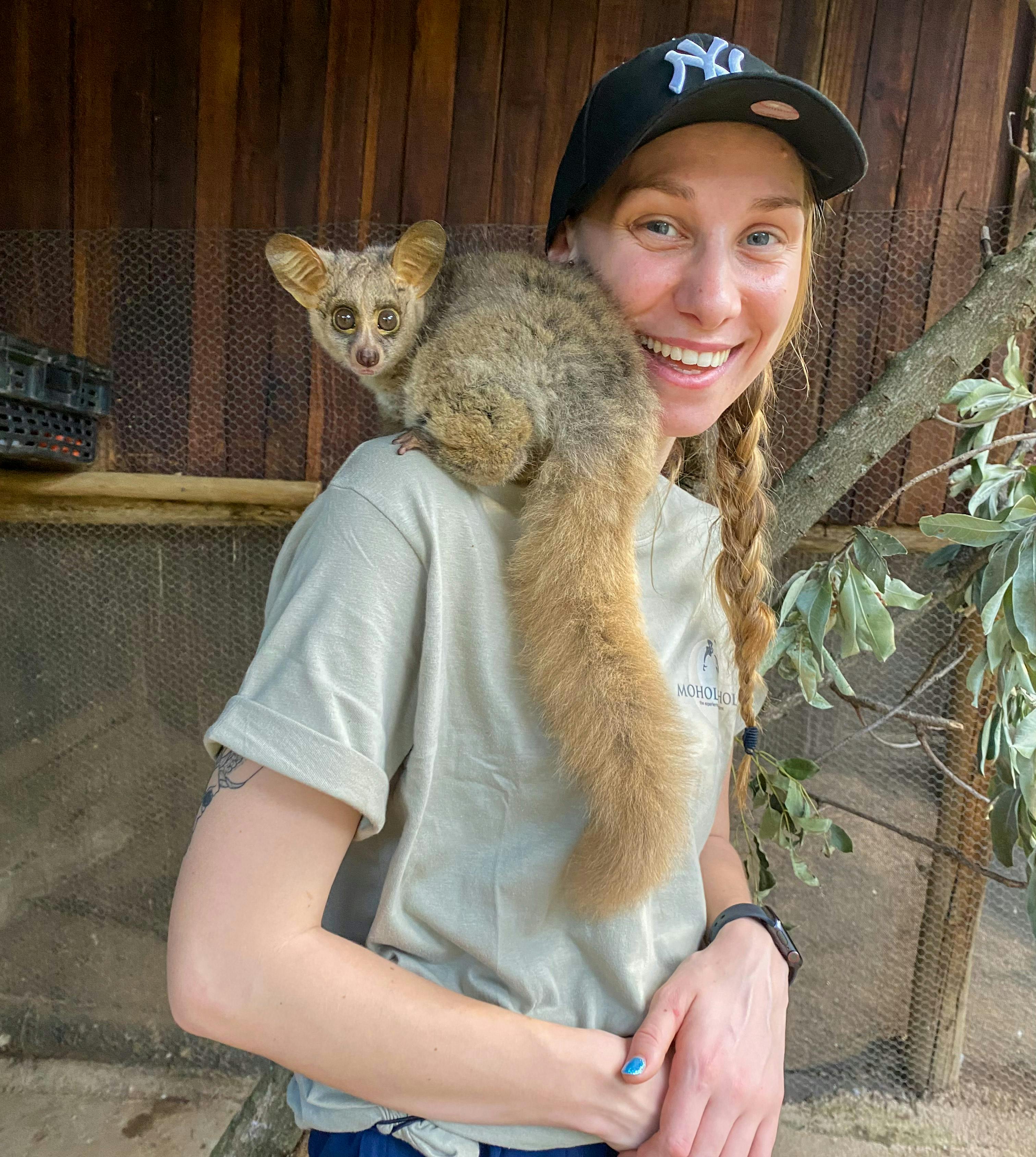 Savannah de Mare: bushbaby on the shoulder
