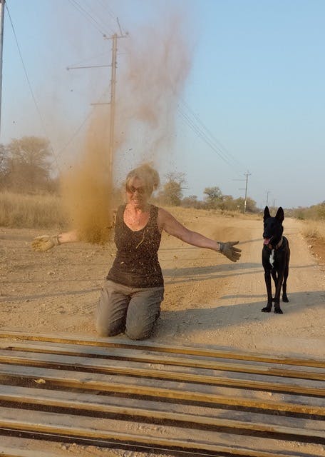 A female ACE volunteer working in the bush with a dog