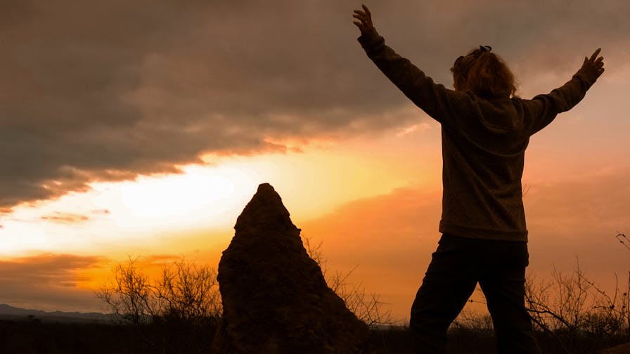 A female posing in front of a sunset