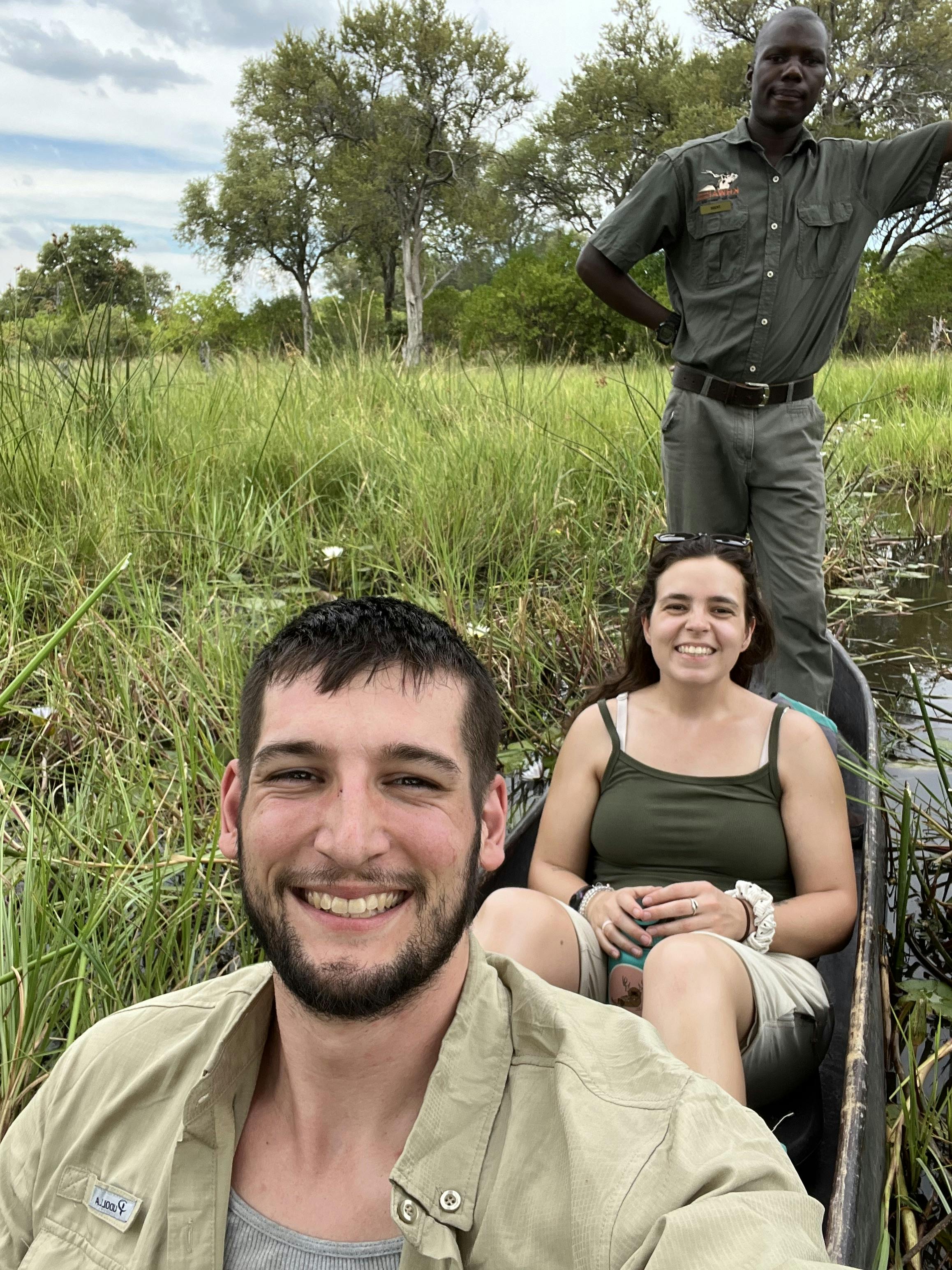 A couple in a canoe in the Okavango