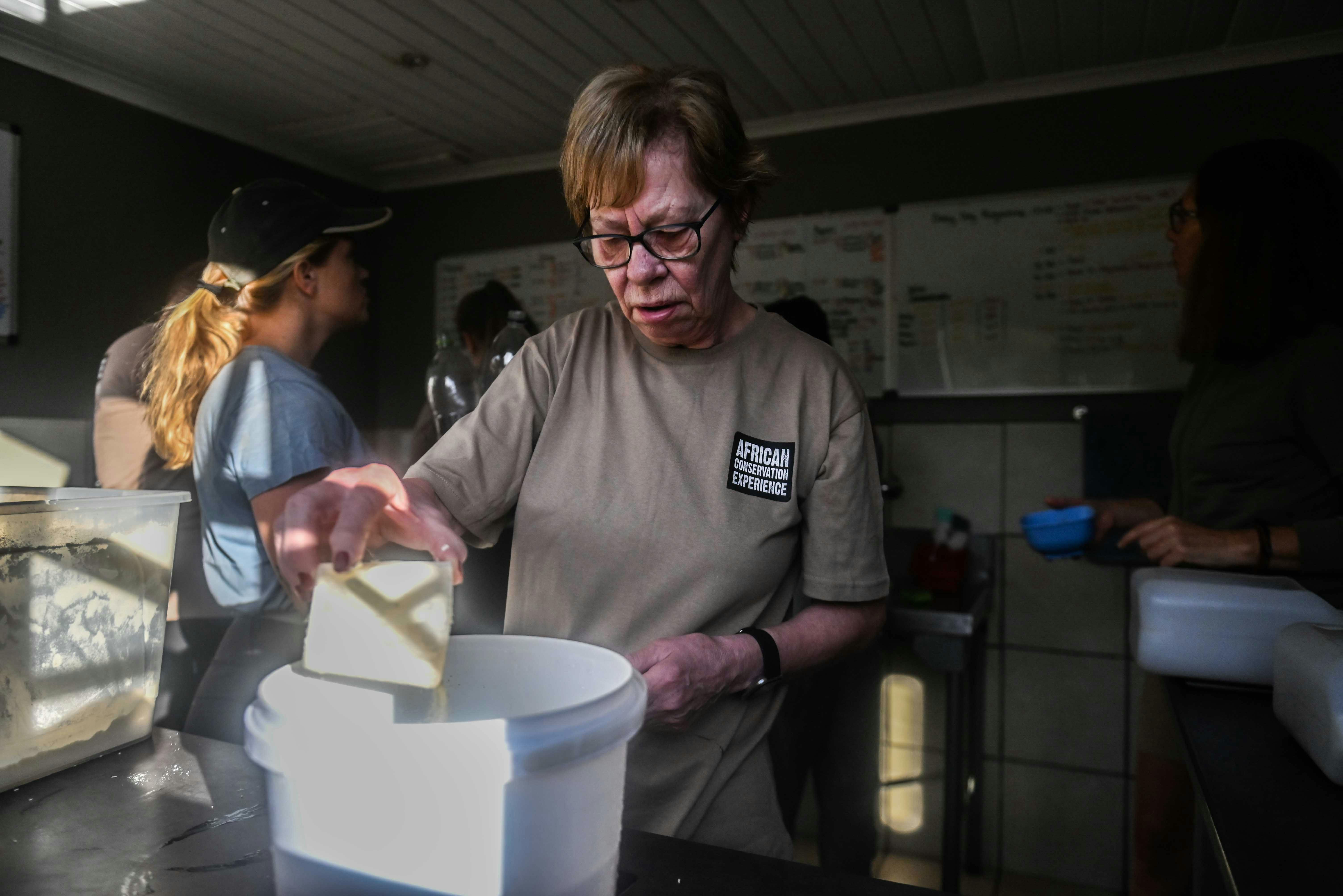 Norma Falconer: preparing rhino feed at Care for Wild Africa