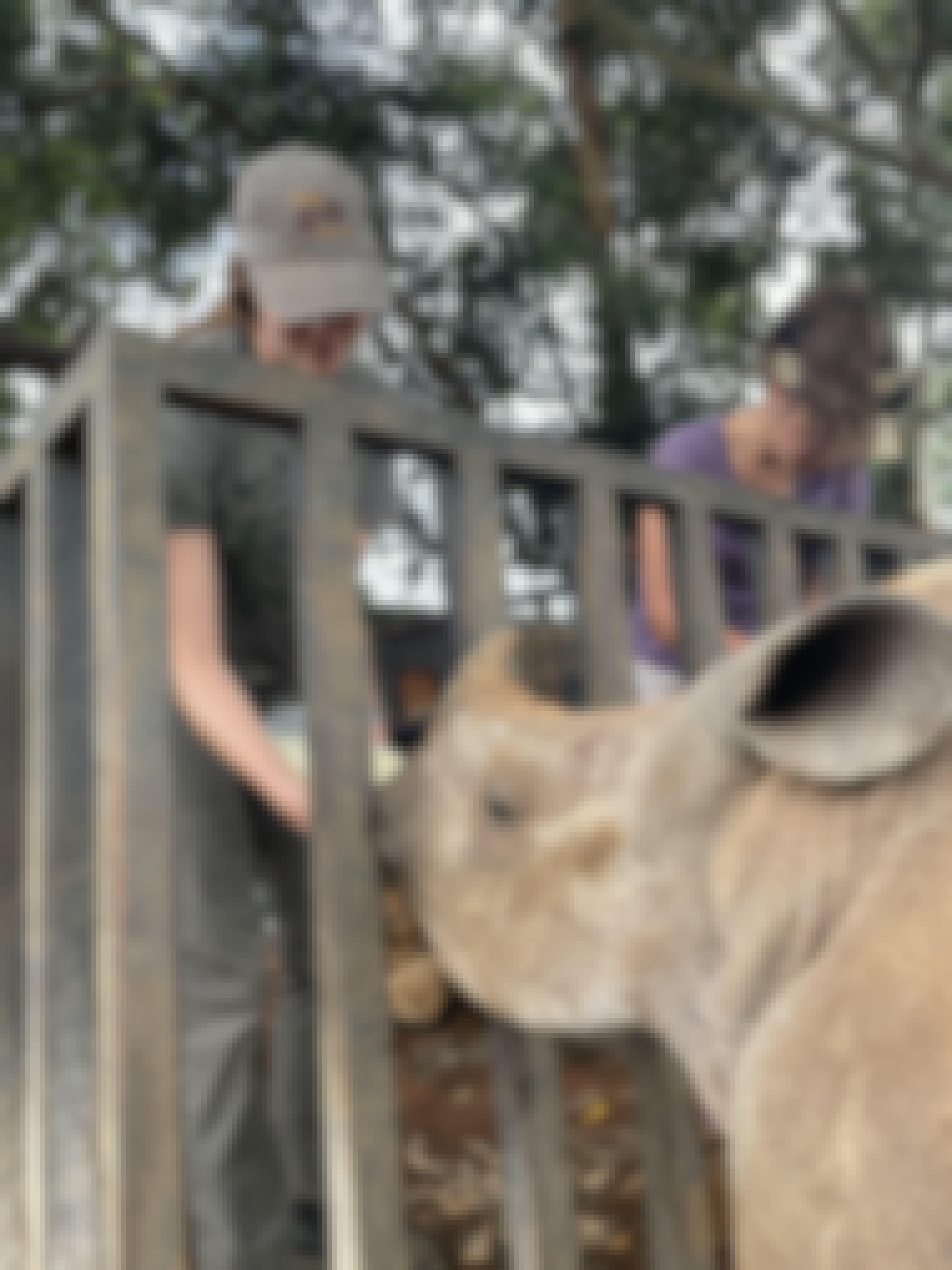 Volunteer bottle feeding a rhino through a fence, Golola Rhino Orphanage and Rehabilitation Centre