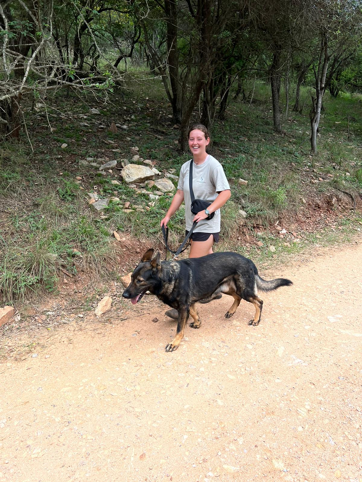 Katherine Prindle: walking with an anti-poaching dog