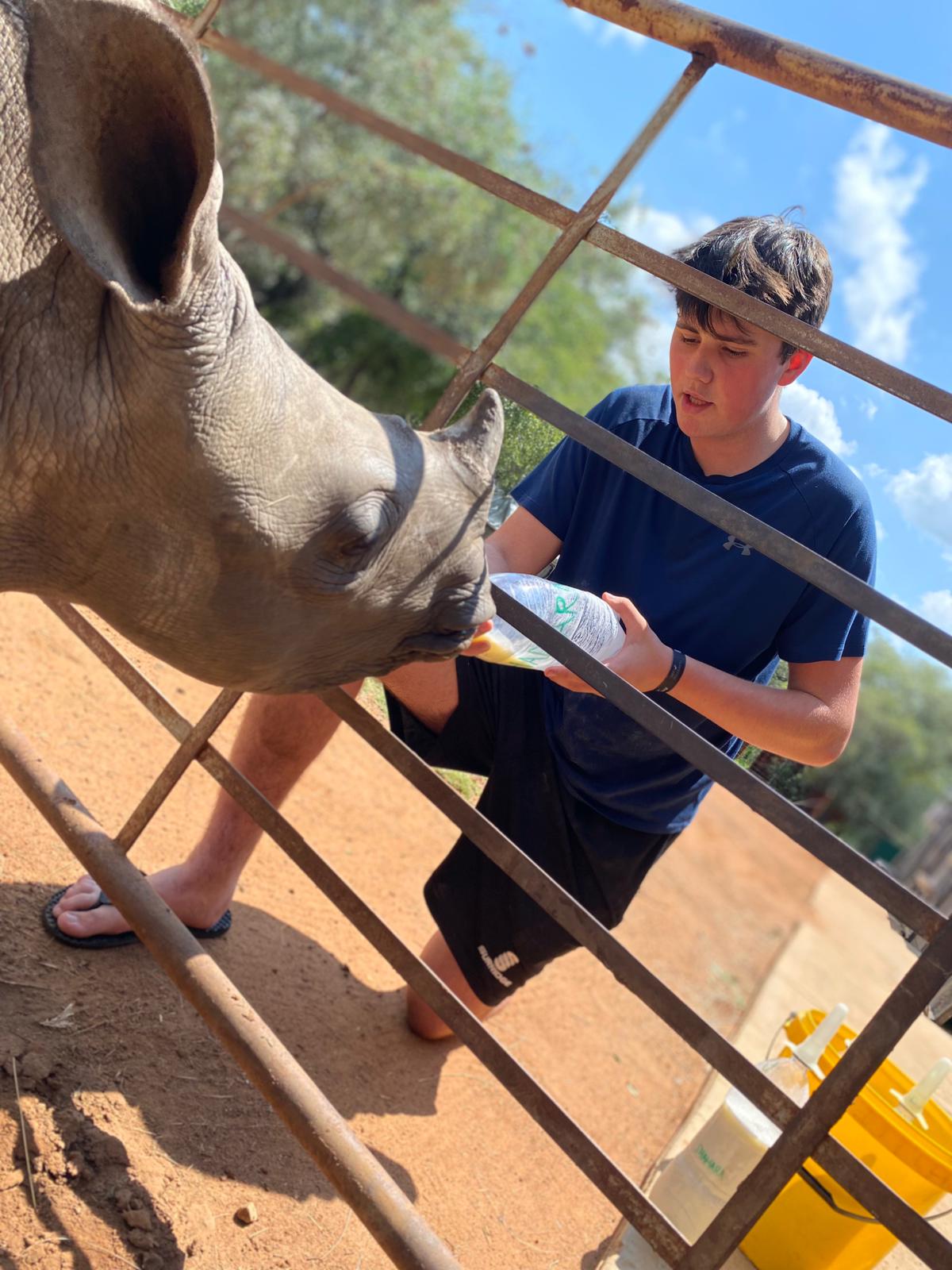 Sam Thain: bottle feeding a rhino