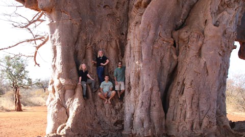 Jack Miller with friends posing for a photo in a huge baobab tree