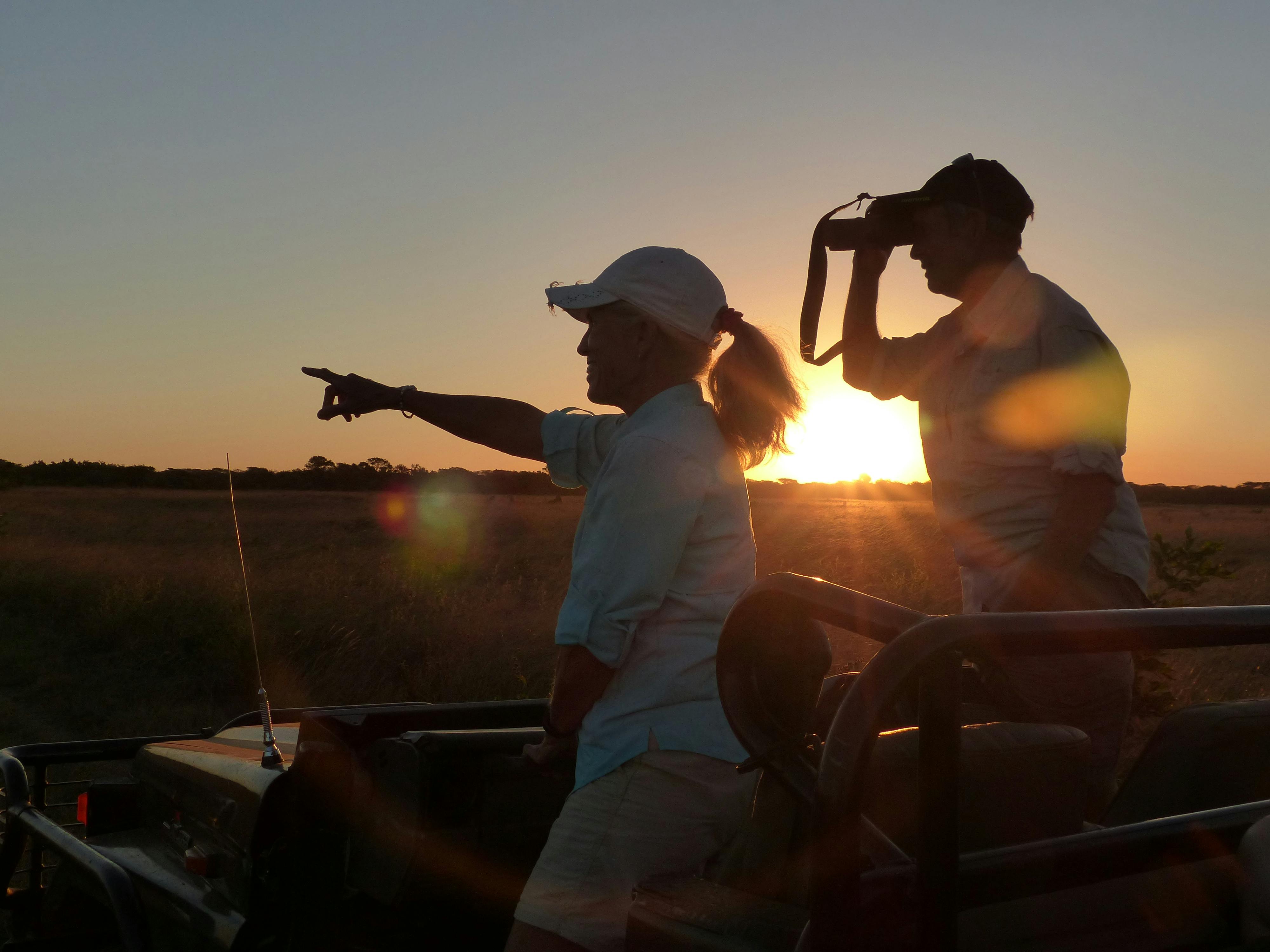 2 ACE volunteers observe wildlife from a jeep at sunset on the Phinda reserve