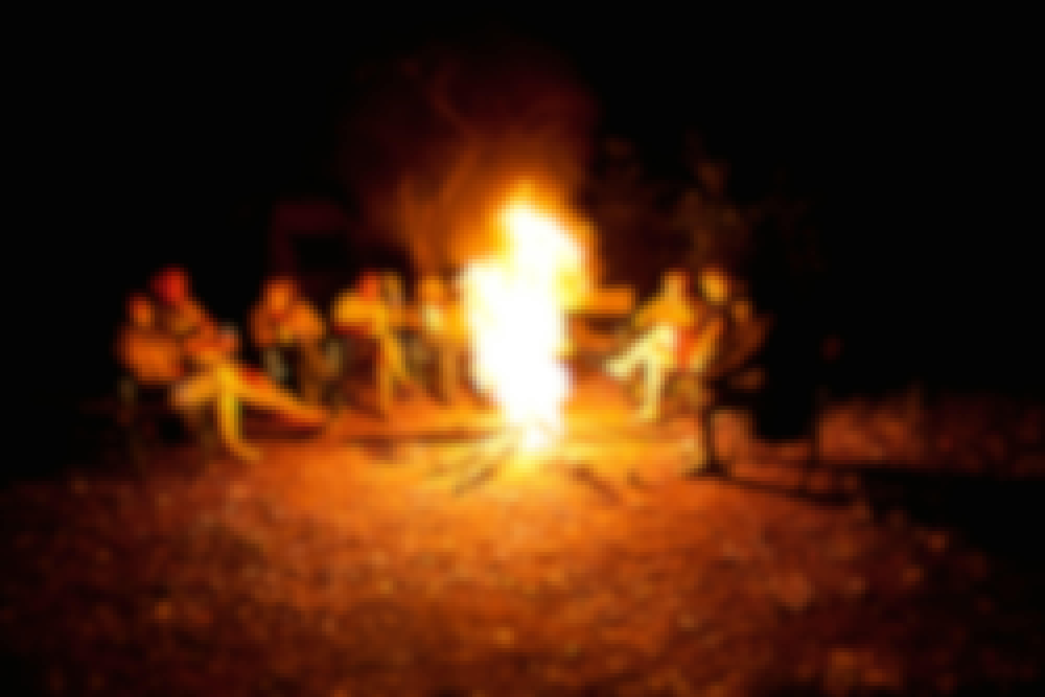 A group of ACE volunteers and staff gathered around a camp fire at night time in the African bush