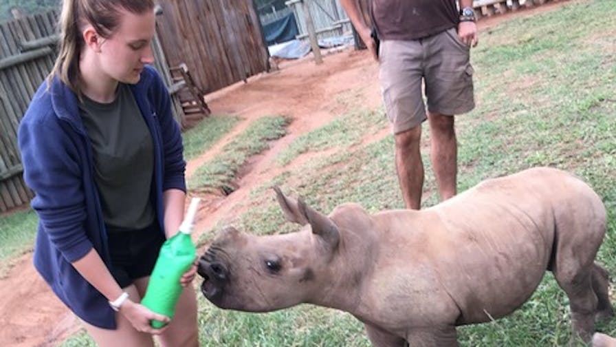 Leigh Haywood with a young rhino