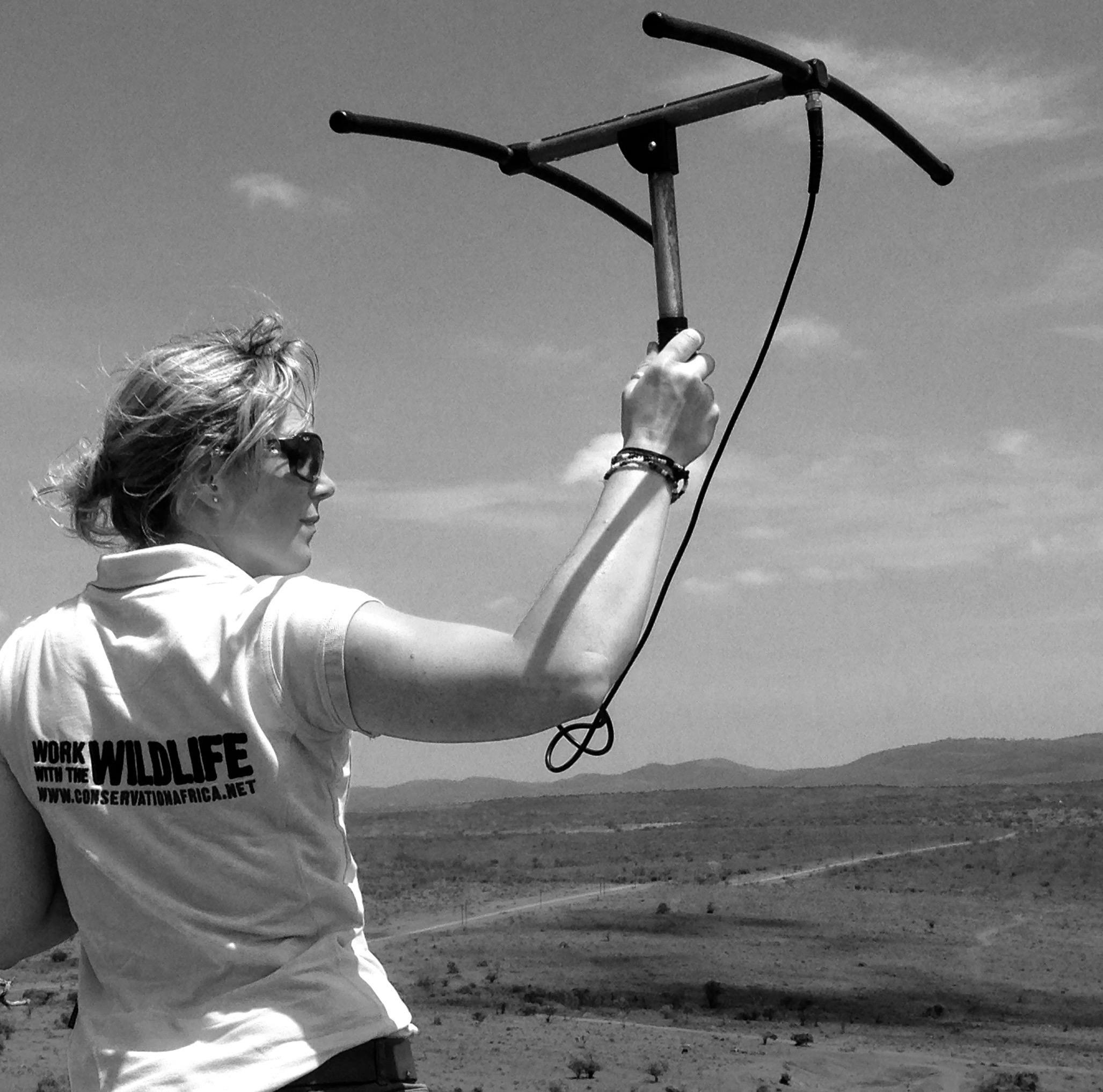 An ACE volunteer holds a telemetry tracker aloft