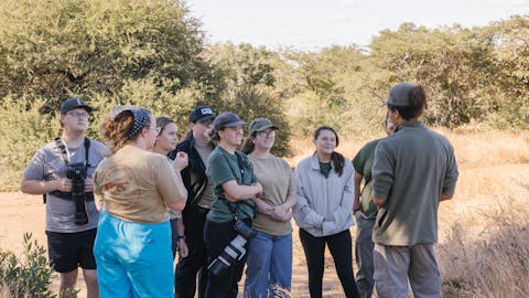 Lion conservation volunteer - Lion conservation experiences - Group listening to a guide in the bush