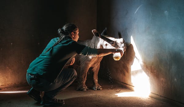Golola Rhino Orphanage and Rehabilitation Centre - volunteer feeding a baby rhino milk