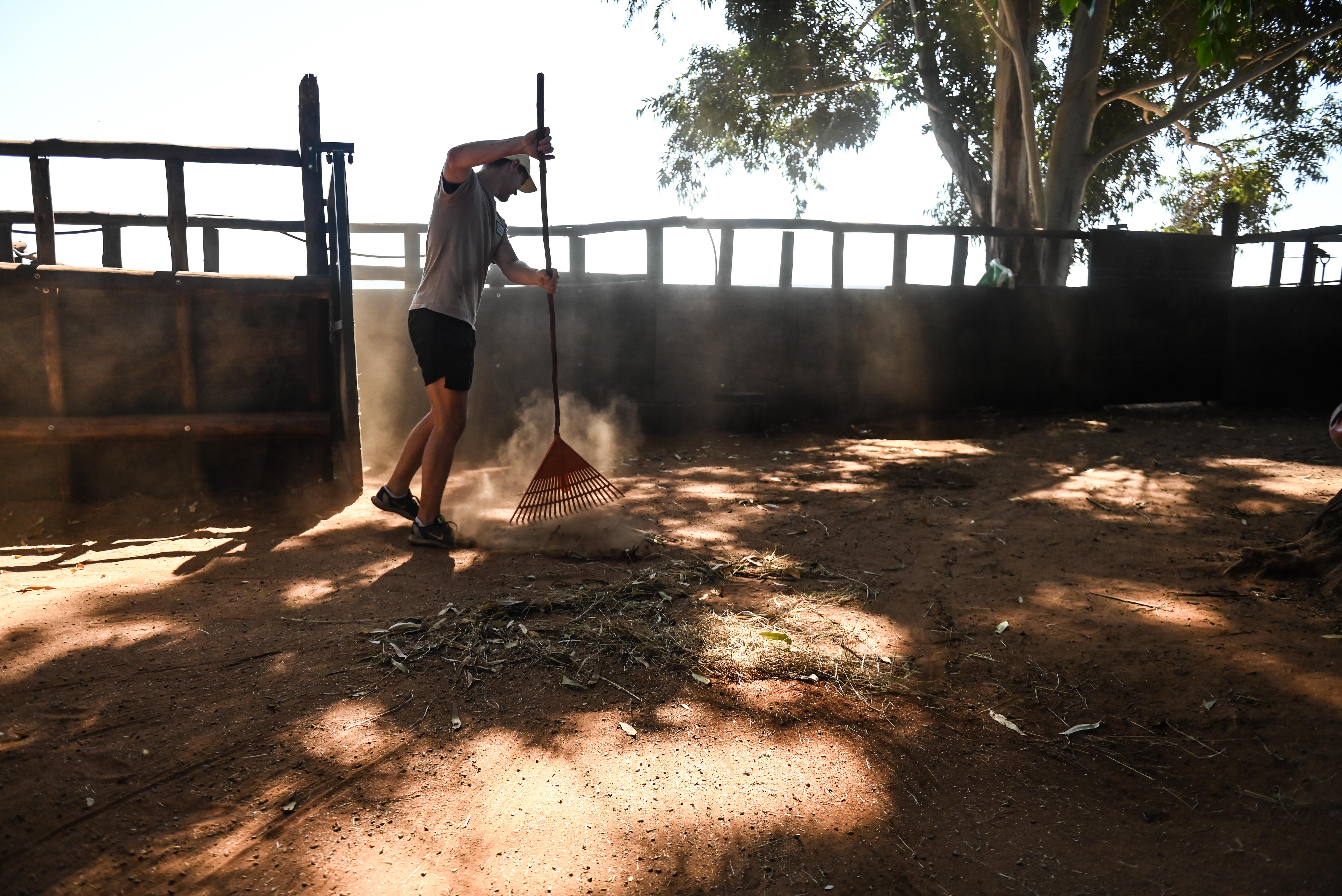 Golola Rhino Orphanage and Rehabilitation Centre - volunteer cleaning a rhino enclosure 