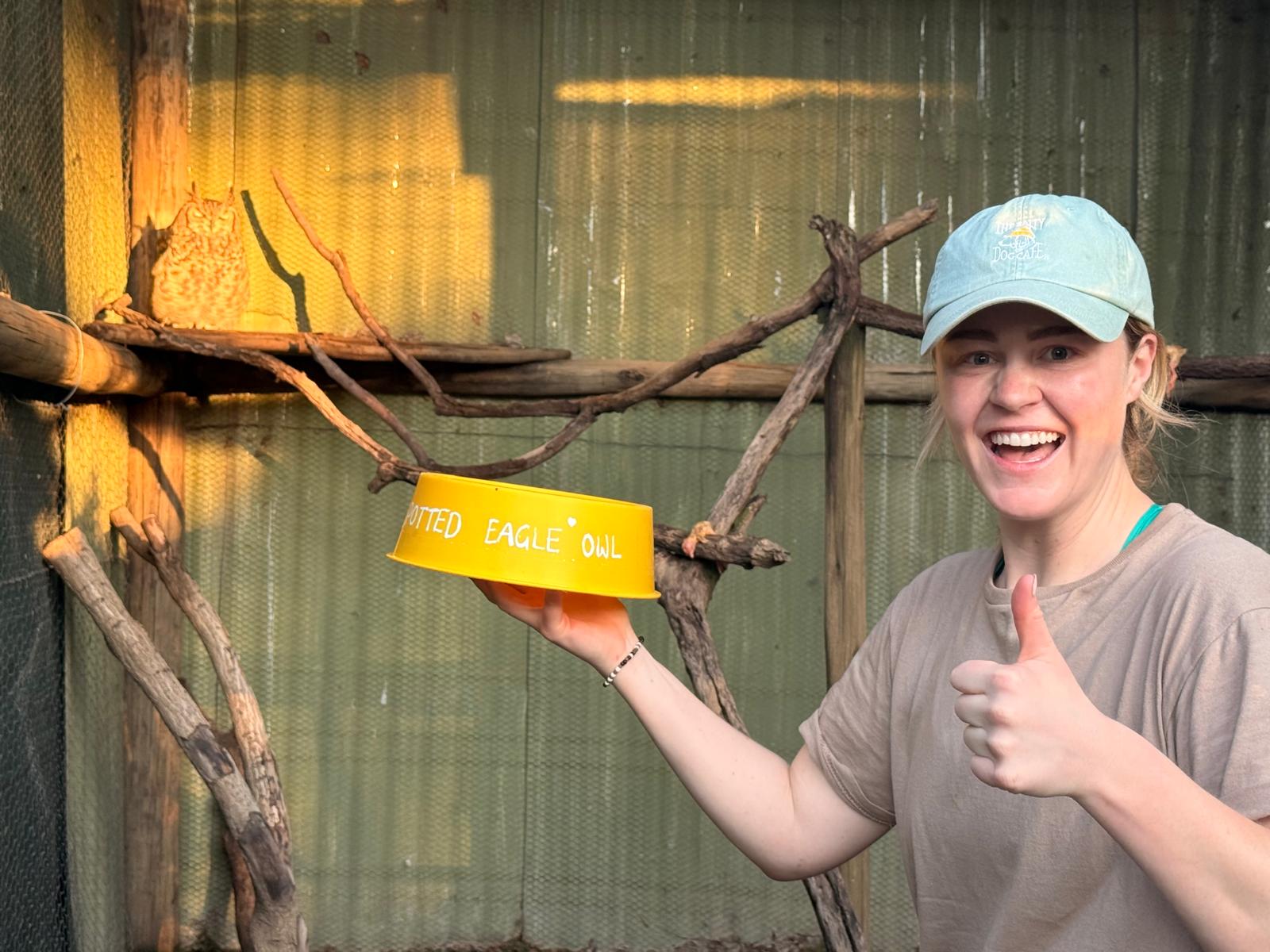 Katie Murray: Posing with food bowl for owl in Moholoholo