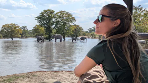 Volunteers posing with elephants in the background