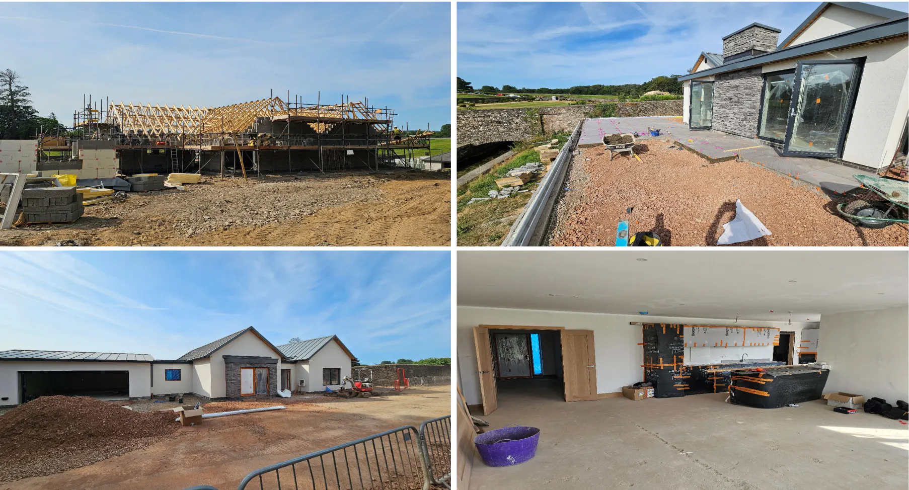 Trusses close in the roofline while the exterior render, terrace, and kitchen fit-out mark the shift from structure to finishing.