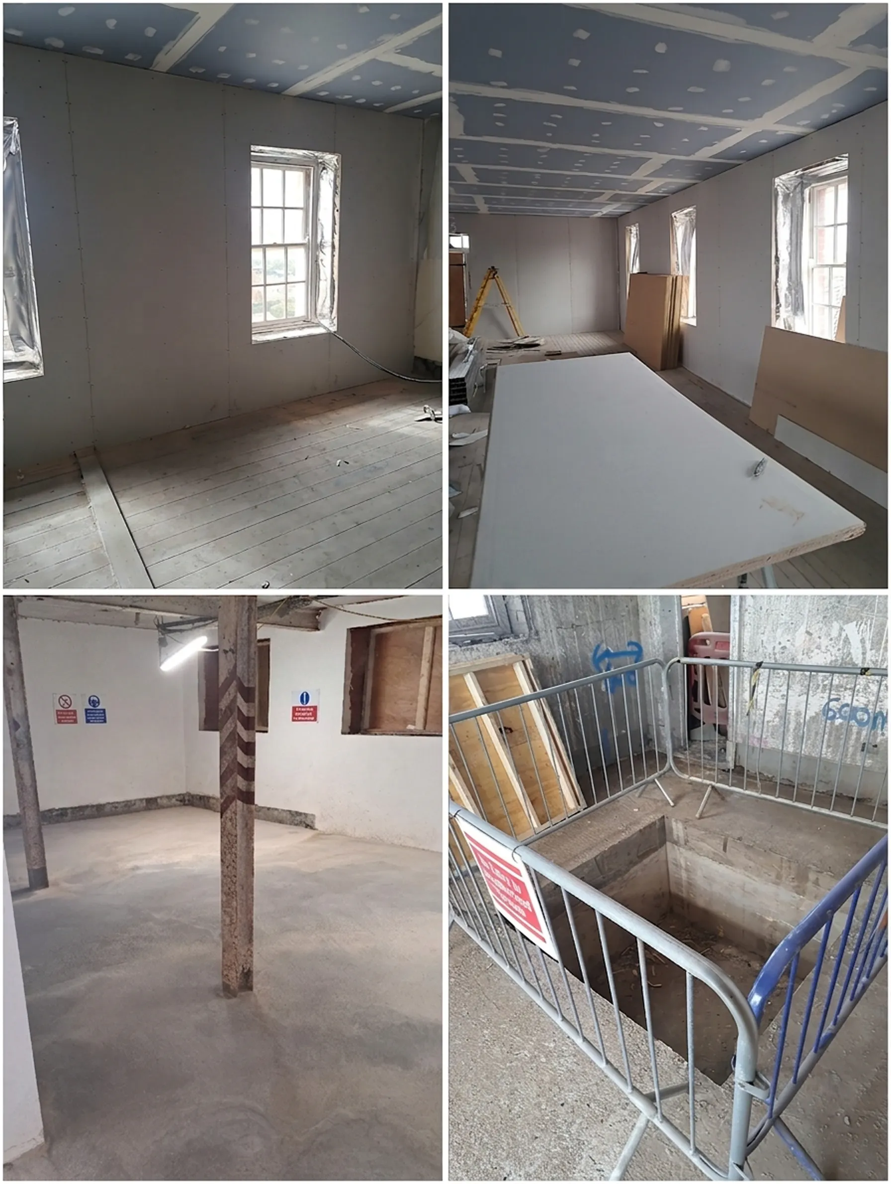Stud walls, foil-taped windows, a cleared undercroft, and a stair opening behind barriers track the raw structural fit-out across both Caerleon sites.