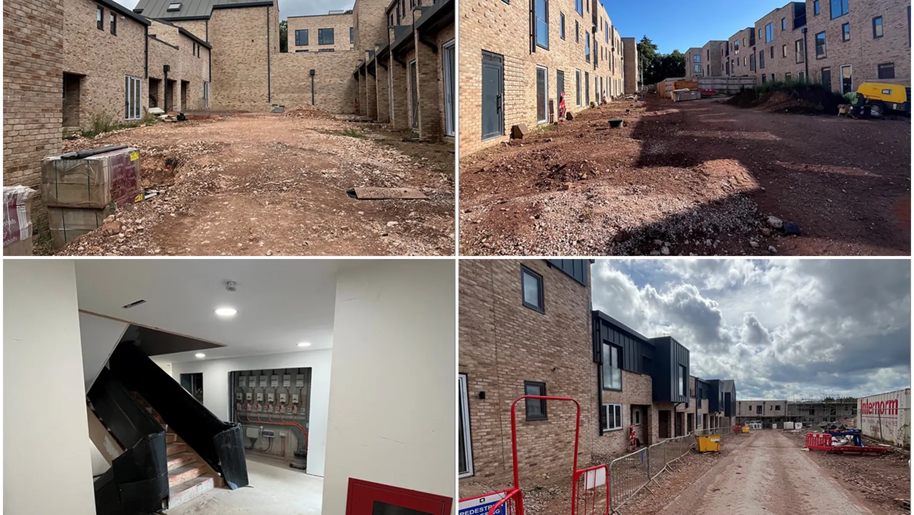 Later-phase courtyards and completed rooflines, with internal fit-out progressing across the apartment block.