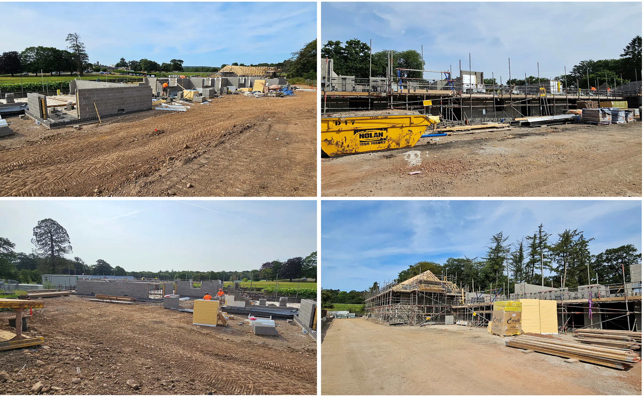 Blockwork walls rise to first-floor scaffold as roof trusses go up, tracking the shell from foundation to roofline.