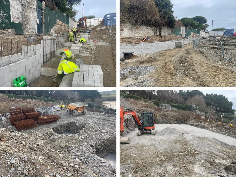 On the western boundary, construction of the concrete and block retaining wall has progressed steadily.