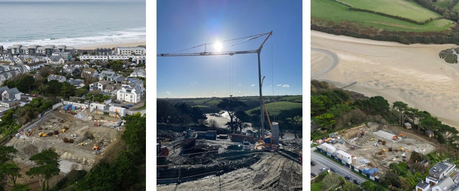 The stunning location between the sea and the river is clearly visible, with the newly installed crane now standing tall at the heart of the site.