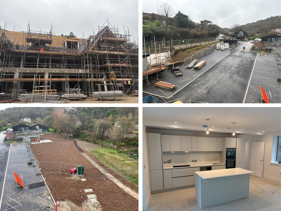 The main apartment block is being tiled while Plot 2 is progressing through decoration, kitchen fitting and commissioning works.