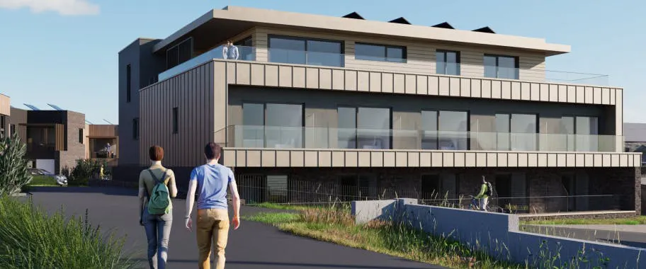 Computer generated image (CGI) of the Crooklets Reach apartment block, designed to compliment and respect the landscape.