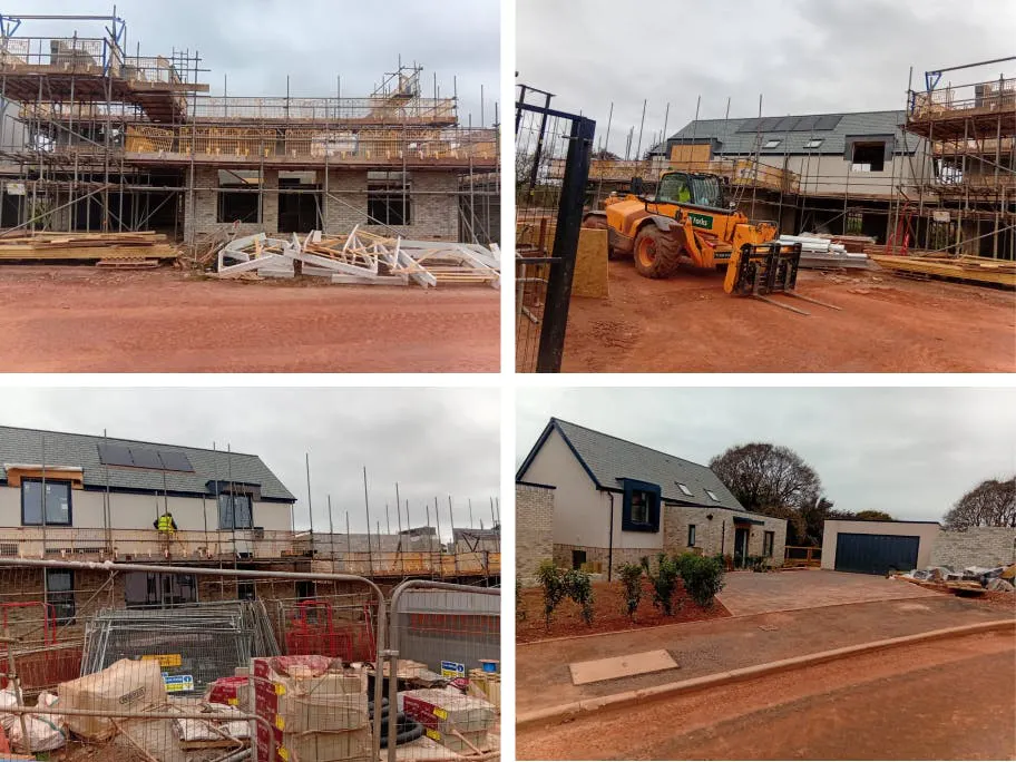A snapshot across site shows steady build activity, from scaffolded plots under construction to one of the first homes already looking move-in ready.