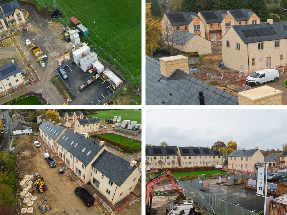 A snapshot across site shows steady build activity, with several houses undergoing final finishes.